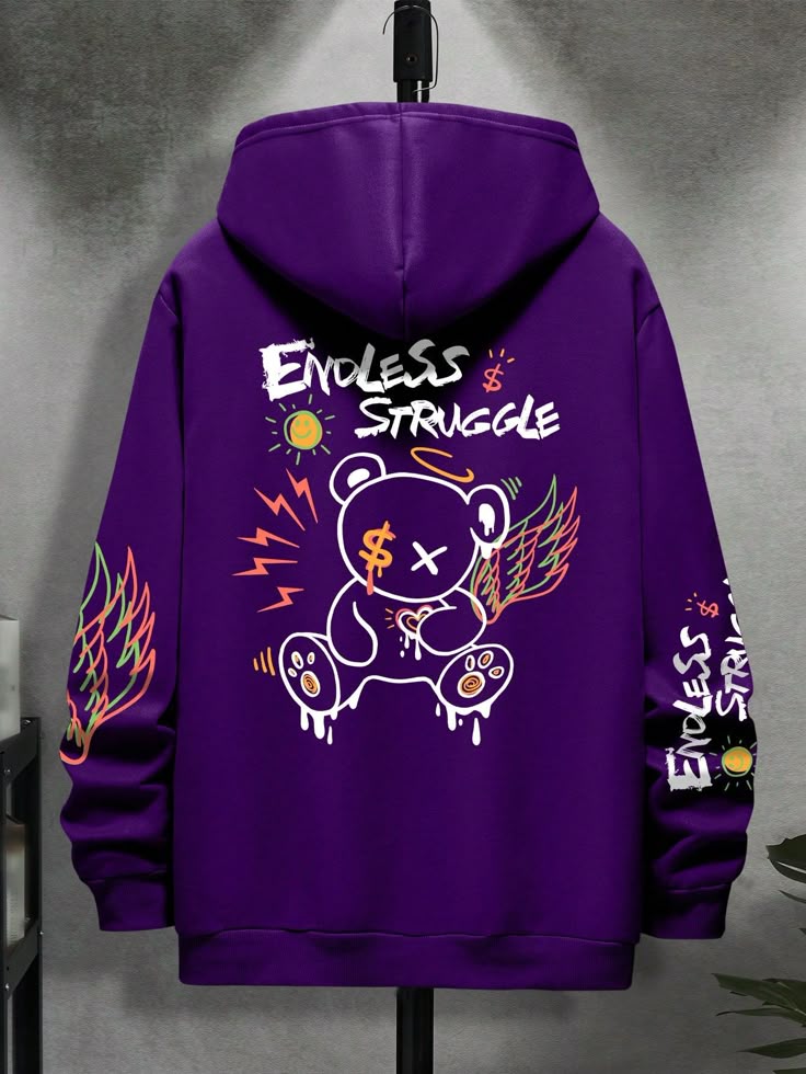 Men Bear & Letter Graphic Drawstring Hoodie…